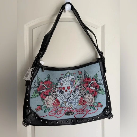 NEW ED HARDY DENIM SKULL, RHINESTONES and FLOWERS SHOULDER BAG Y2K biker - Picture 1 of 9